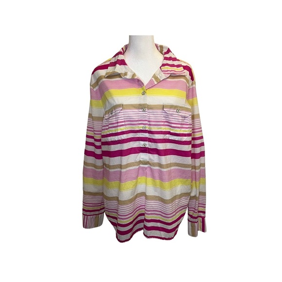 New York & Company Pink Yellow Stripe Button Down Women Blouse Top Size XL - Picture 3 of 11